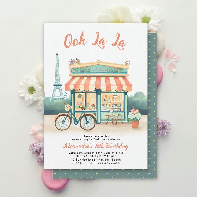 Convite Paris Bistro Torre Eiffel Pessegueira Rosa Pêssego (paris sweet 16 french bistro restaurant eiffel tower party theme sixteenth pink mint green girly)