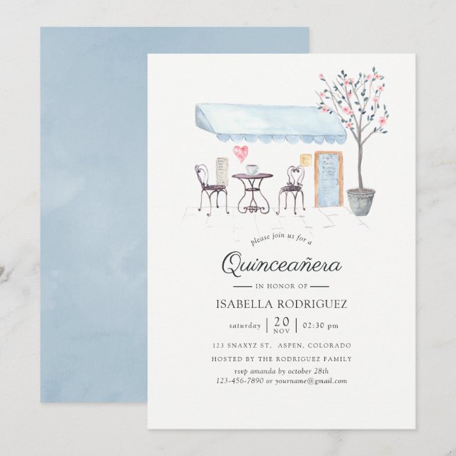 Convite Paris Cafe Aquarela Quinceañera (Frente/Verso)