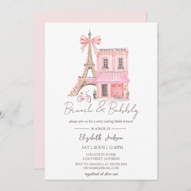 Convite Paris Cafe Watercolor Pink  Brunch and Bubbly (Frente/Verso)