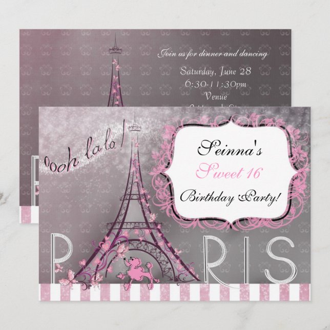 Convite Paris Chic Brilho Torre Eiffel Festa Sweet 16 (Frente/Verso)