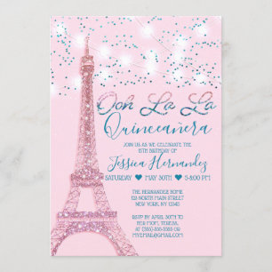Convite Paris cor-de-rosa Torre Eiffel Luzes Brilhantes Qu