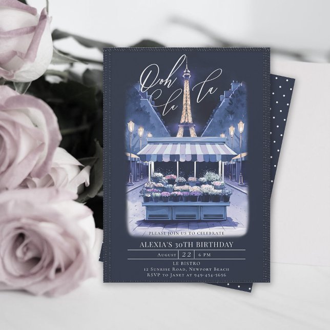 Convite Paris Eiffel Night Flowers Watercolor Aniversário (paris theme parisian night birthday party invitation flower stand eiffel tower watercolor)