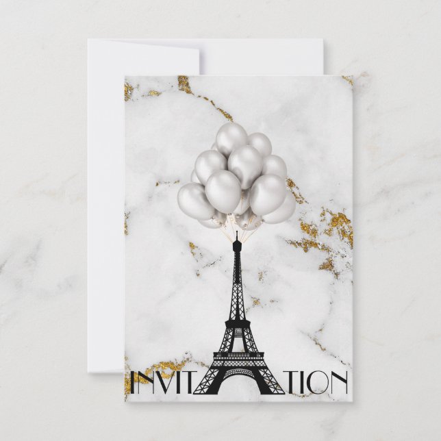 Convite Paris Eiffel Tower Balões Marble Dourado (Frente)
