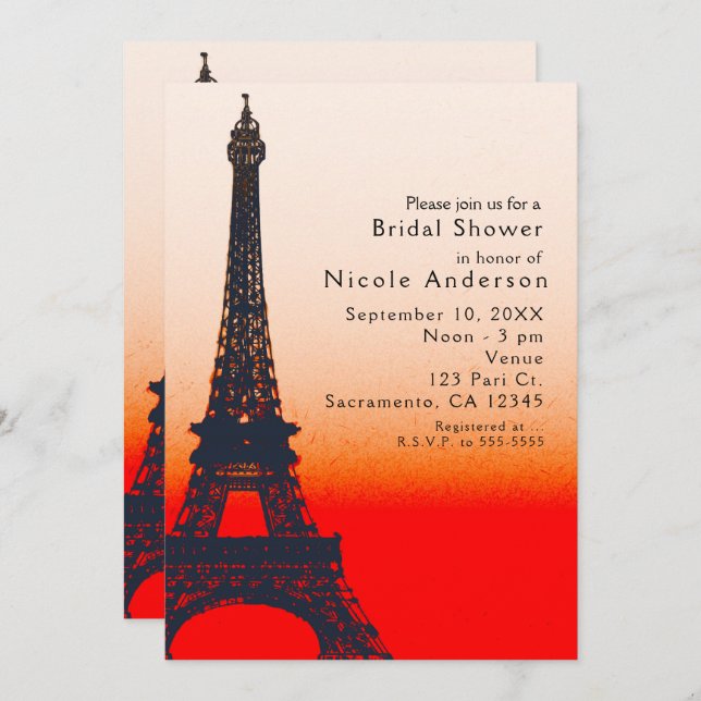 Convite Paris Eiffel Tower Orange Sunset Chic Invances (Frente/Verso)
