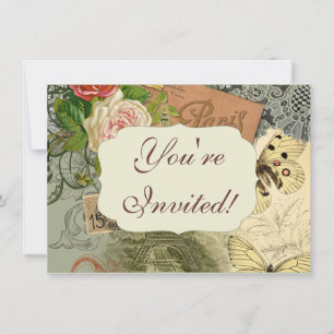 Convite Paris França Antiga Colagem de Trabalho de arte Ei