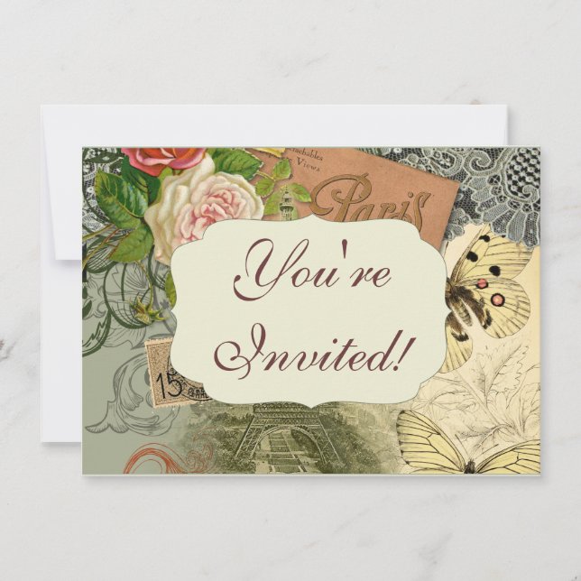 Convite Paris França Antiga Colagem de Trabalho de arte Ei (Frente)