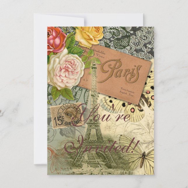 Convite Paris França Antiga Colagem de Trabalho de arte Ei (Frente)