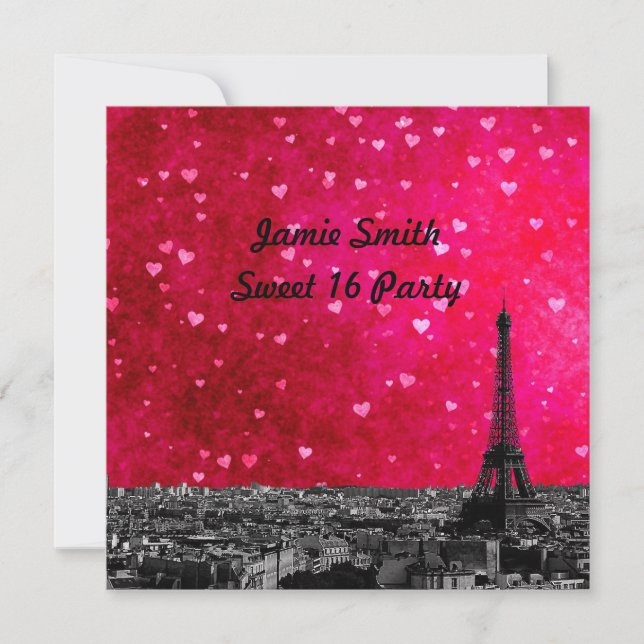 Convite Paris França Skyline #1 Hot Pink Red Sweet 16 SQ (Frente)
