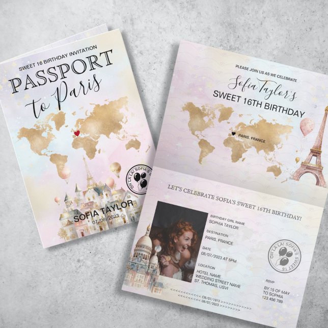 Convite Paris França Sweet 16 Passaporte de Aniversário (pastel color passport with gold world map and Paris illustrations sweet 16th birthday invitation)
