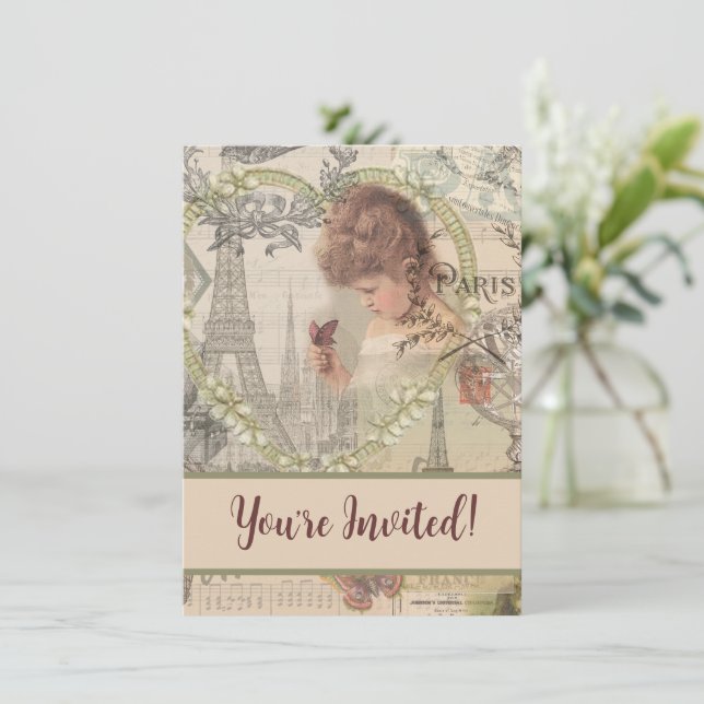 Convite Paris France Bonito Girl Eiffel (Em pé/Frente)