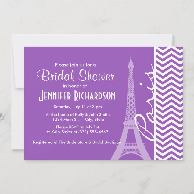 Convite Paris; Lilac Chevron Stripes Profundas (Frente)