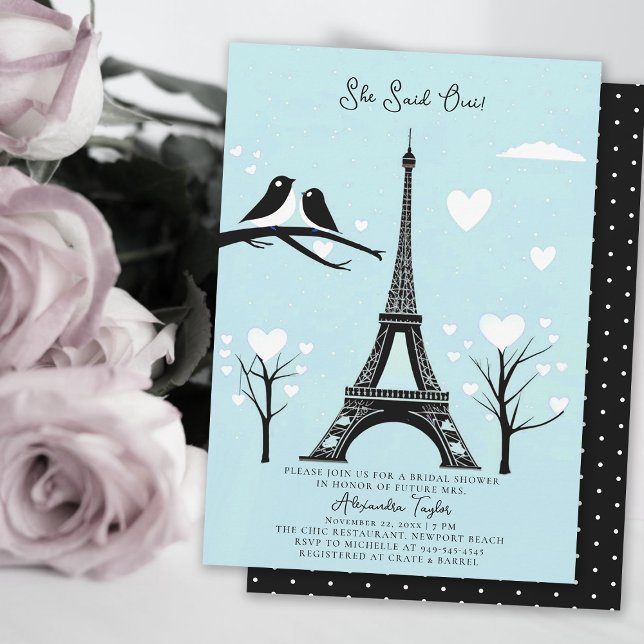Convite Paris Lovebird Eiffel Winter Blue Chá de panela (winter bridal shower invitation paris theme she said oui ice blue lovebirds hearts elegant romantic )