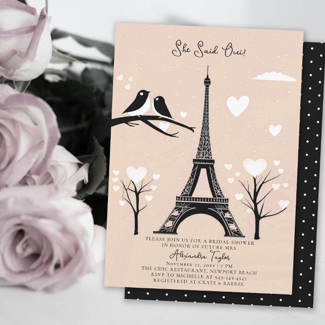Convite Paris Lovebird Eiffel Winter Peach Chá de panela (winter bridal shower invitation paris themed she said oui eiffel tower lovebirds hearts blush peach )