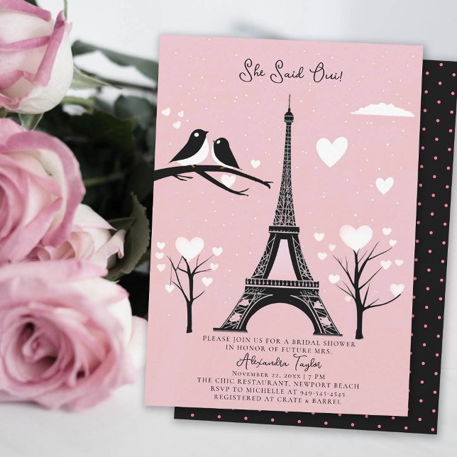 Convite Paris Lovebird Hearts Eiffel Winter Chá de panela (winter bridal shower invitation paris theme black eiffel white hearts trees lovebirds pink blush oui)