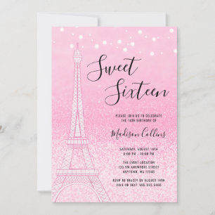 Convite Paris Luzes Brilho Rosa Doce 16