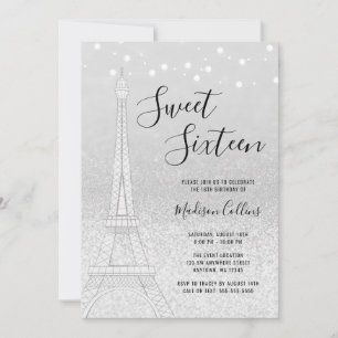 Convite Paris Luzes Glitter Prata Doce 16