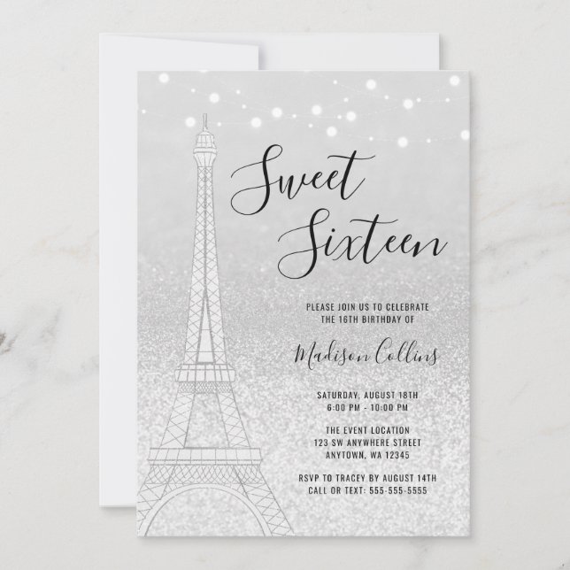Convite Paris Luzes Glitter Prata Doce 16 (Frente)