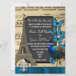 Convite Paris romântica, casamento entre pavões e borbolet