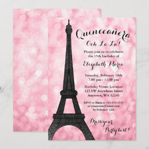 Convite Paris Rosa Bokeh Glitter Luzes Quinceañera