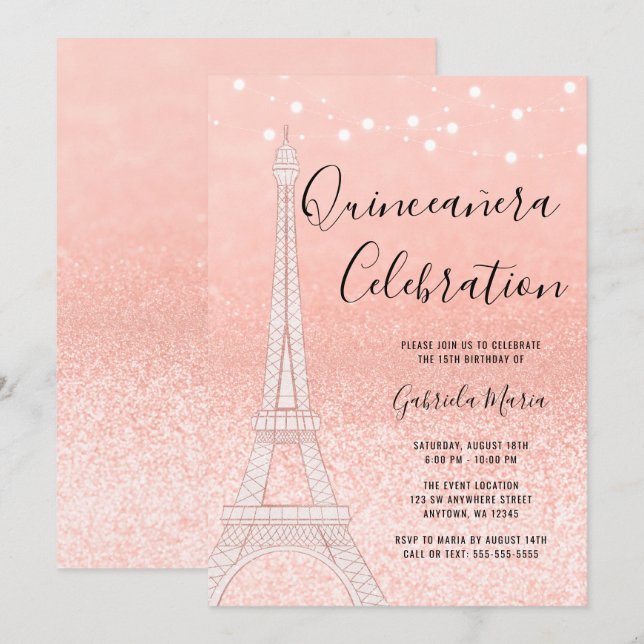 Convite Paris Rosa Dourada Glitter Lights Quinceañera (Frente/Verso)
