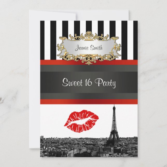 Convite Paris Skyline BW Stripe Red Kiss 16 Party (Frente)