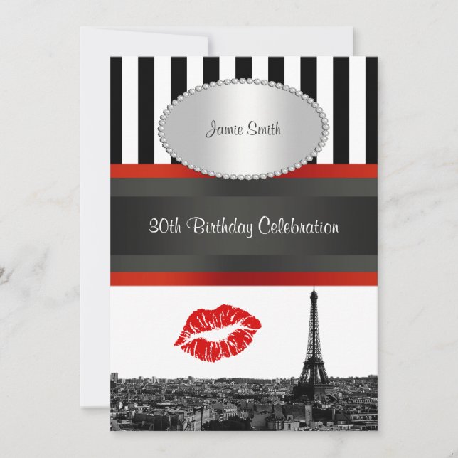 Convite Paris Skyline BW Stripe Red Kiss Festa de aniversá (Frente)