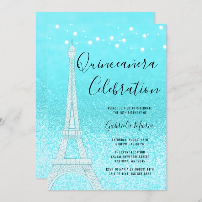 Convite Paris Teal Blue Glitter Luzes Quinceañera (Frente/Verso)
