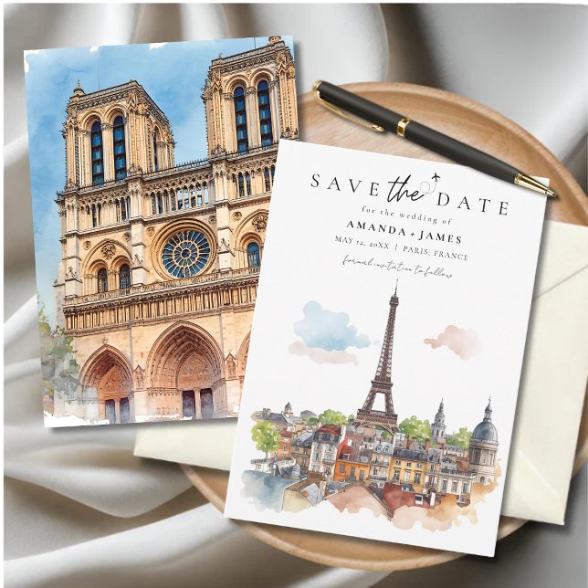 Convite Paris Watercolor Skyline Save the Date (Paris-themed “Save the Date” card featuring watercolor illustrations of the Eiffel Tower.)