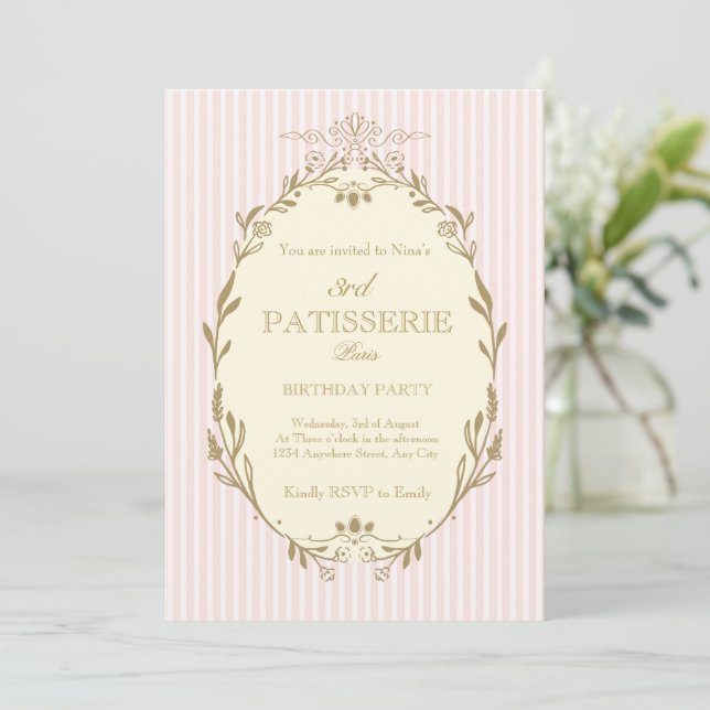 Convite Parisian Patisserie French Vintage Style Pink (Em pé/Frente)
