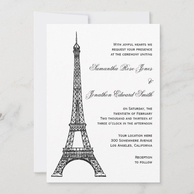 Convite parisiense do casamento da torre Eiffel (Frente)