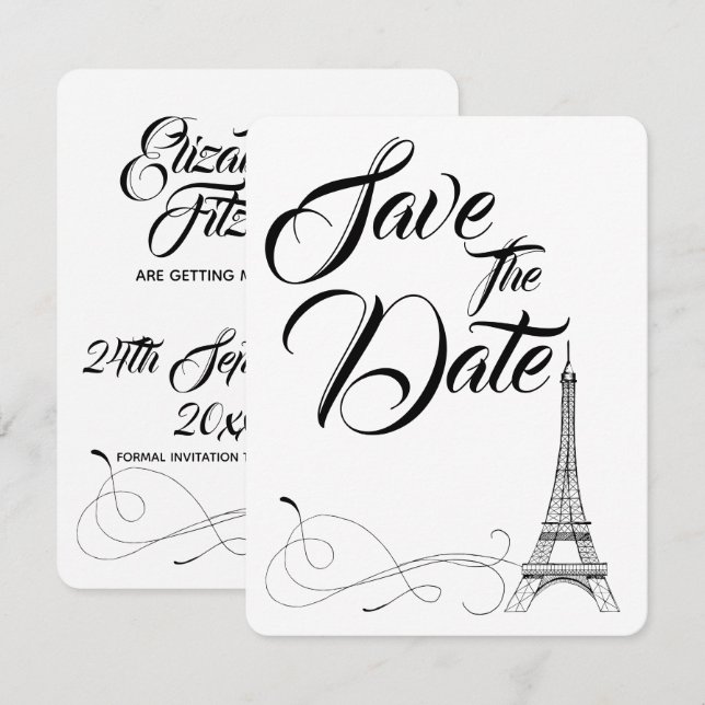 Convite Parisiense Doodles Casamento Save The Date (Frente/Verso)