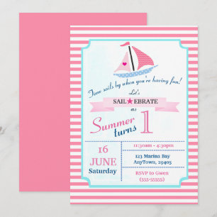 Convite Parppy Nautical Pink Sail Fora de Aniversário par