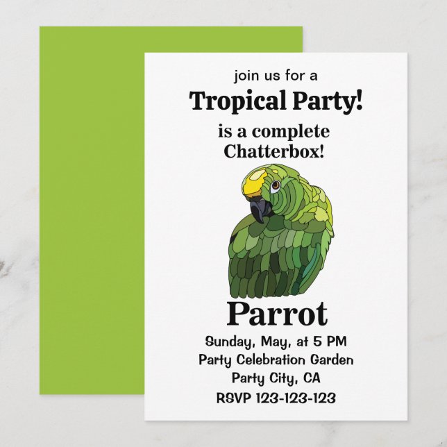 Convite Parrot Bird Chatterbox, Festa Tropical Engraçada (Frente/Verso)