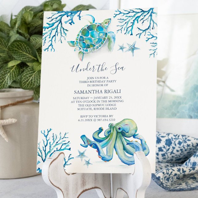 Convite Parte aniversário de 3 anos Sob O Mar (3rd birthday party invitations blue under the sea watercolor art by Victoria Grigaliunas)