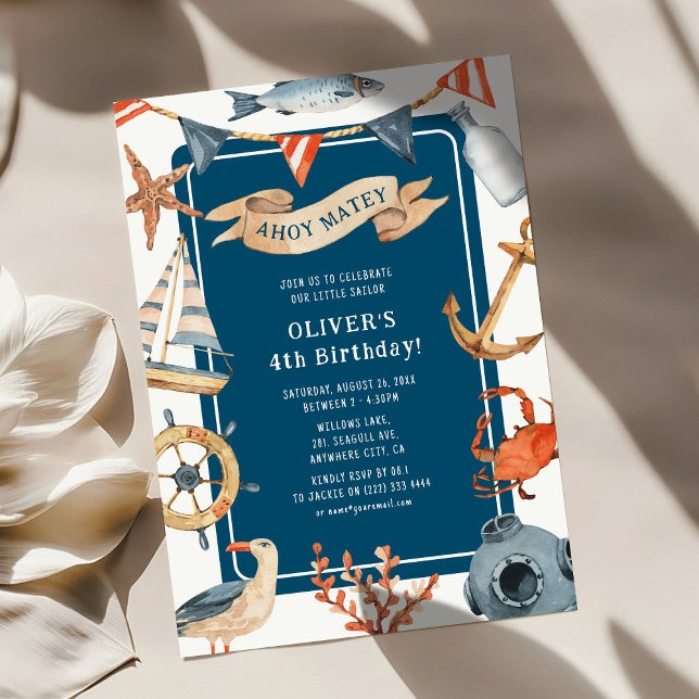 Convite Parte Aniversário de criança Náutico da Aquarela (Criador carregado)