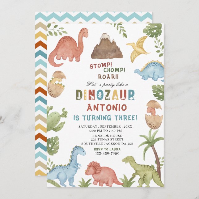 Convite Parte de aniversário ruar do Dinossaur Watercolor  (Frente/Verso)