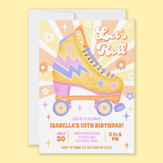 Convite Parte de Rastreamento do Cilindro Retro (All the retro vibes for this roller disco birthday party invitation themed in yellow and orange.)