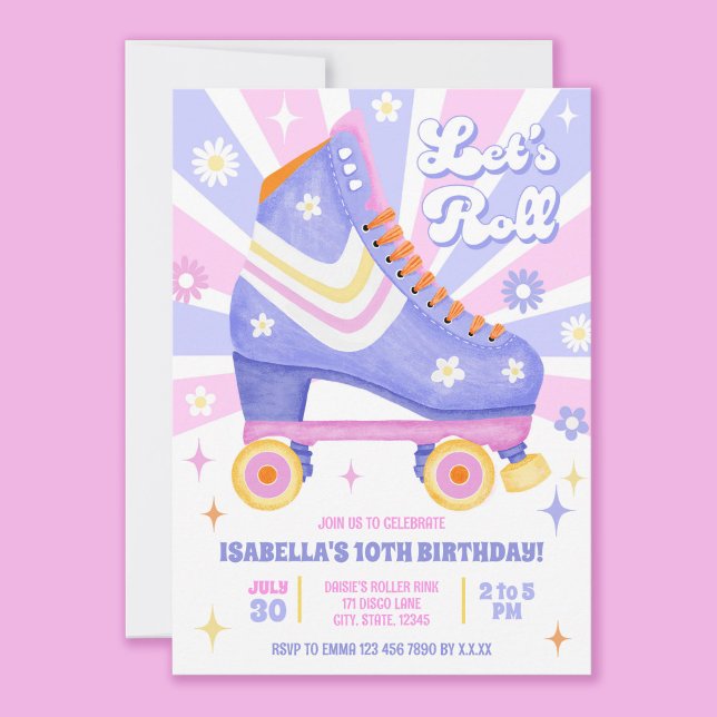 Convite Parte de Rastreamento do Cilindro Retro (Have fun customising this pink and purple themed retro roller skate invitation!)