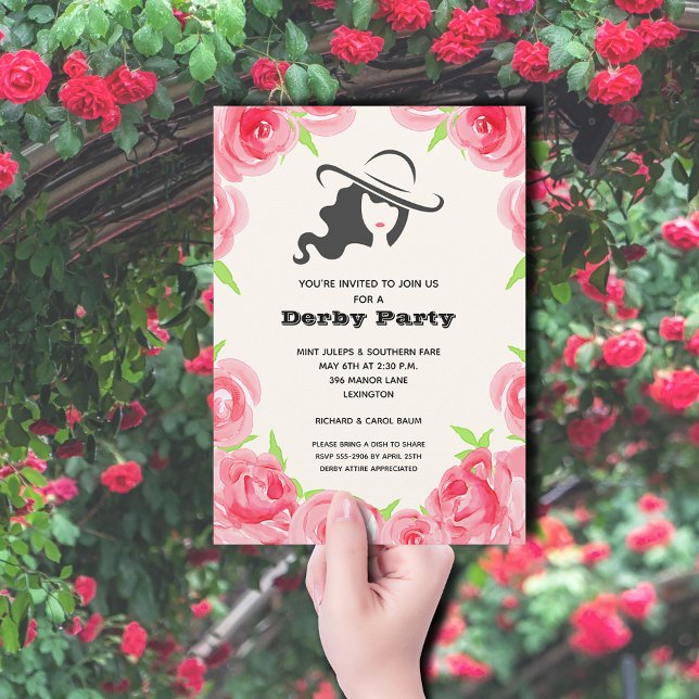 Convite Parte Derby de Rosas de Aquarela (A lady in her big hat and a rose border Derby Party invitations)
