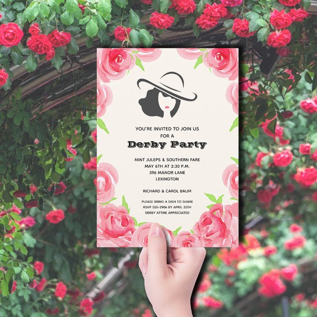Convite Parte Derby de Rosas de Aquarela (Big Hat Lady and Roses Derby Party Invitations)