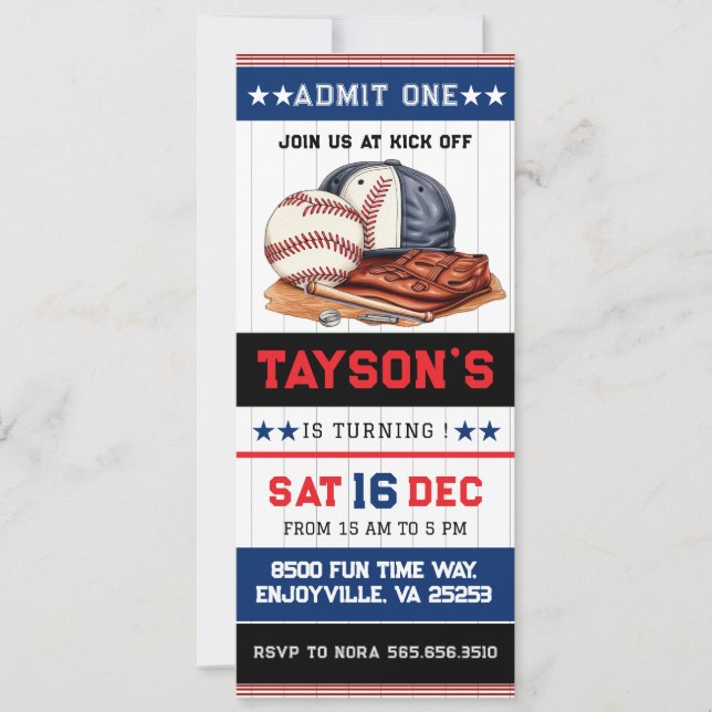 Convite Parte do primeiro aniversario de Tíquete de Baseba (Frente)