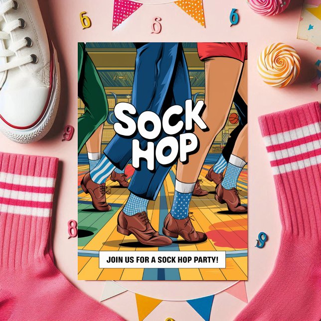Convite Parte do Salto de Choque Retroativo (Retro Sock Hop Party Invitation)