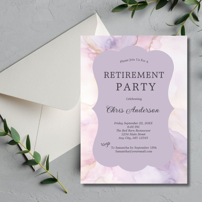 Convite Parte Retirada de Aquarela Rosa Púrpura (Purple pink gold watercolor marble retirement party invitation. Elegant Simple soft pastels. Printed)