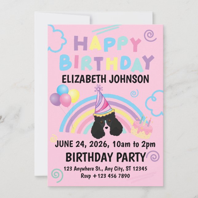 Convite Parti Poodle Birthday Invitation in Pink (Frente)