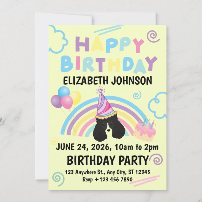 Convite Parti Poodle Birthday Invitation in Yellow (Frente)