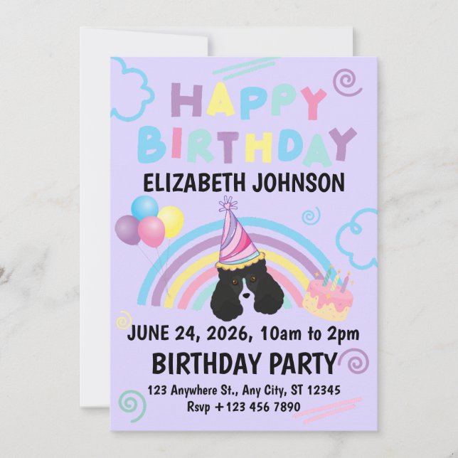 Convite Parti Poodle Birthday Party Invitation Purple (Frente)