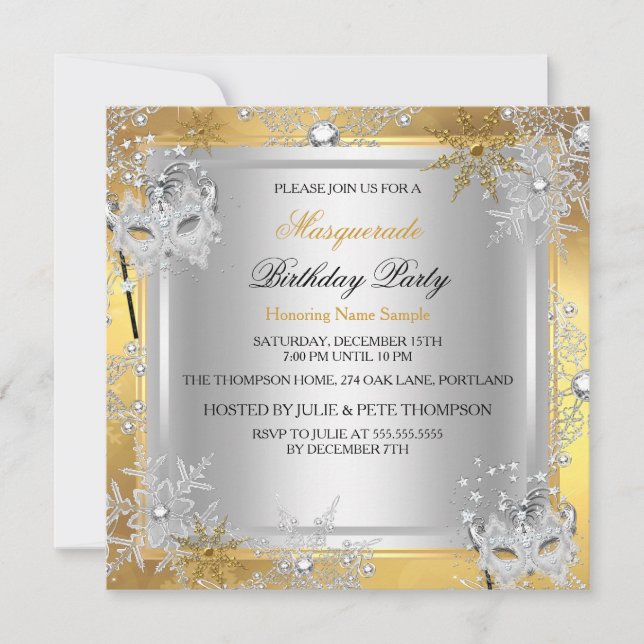 Convite Partido 3 das Máscaras de Prata com Flocos de Neve (Frente)