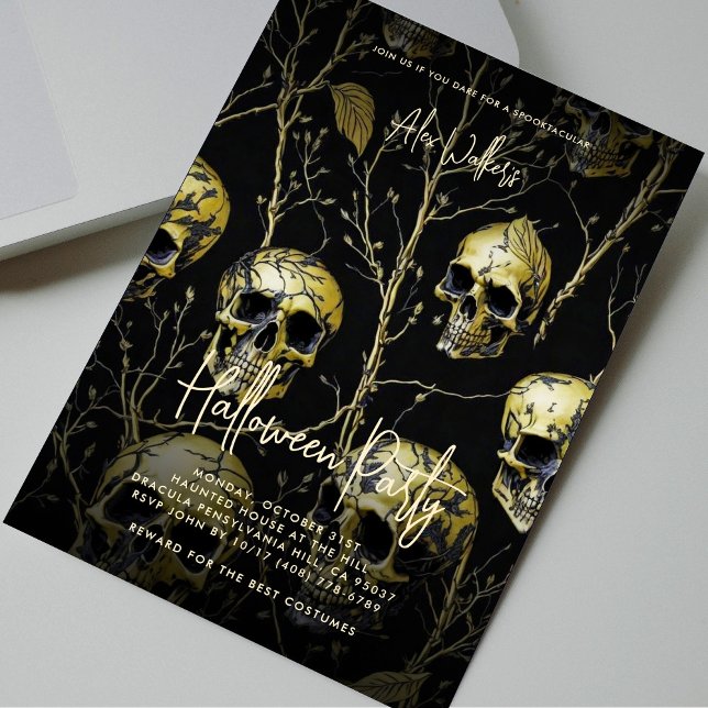 Convite Partido Adulto Halloween Dourado Crânio Moderno (Adult Halloween Party Black Gold Skull Modern Invitation
)
