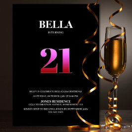 Convite Partido aniversário de 21 anos a preto e rosa mini