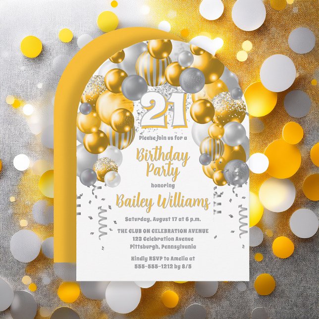 Convite Partido aniversário de 21 anos dos Balões de Celeb (Golden Yellow, Silver Tone and White Balloon Arch and Confetti 21st Birthday Party Invitation)